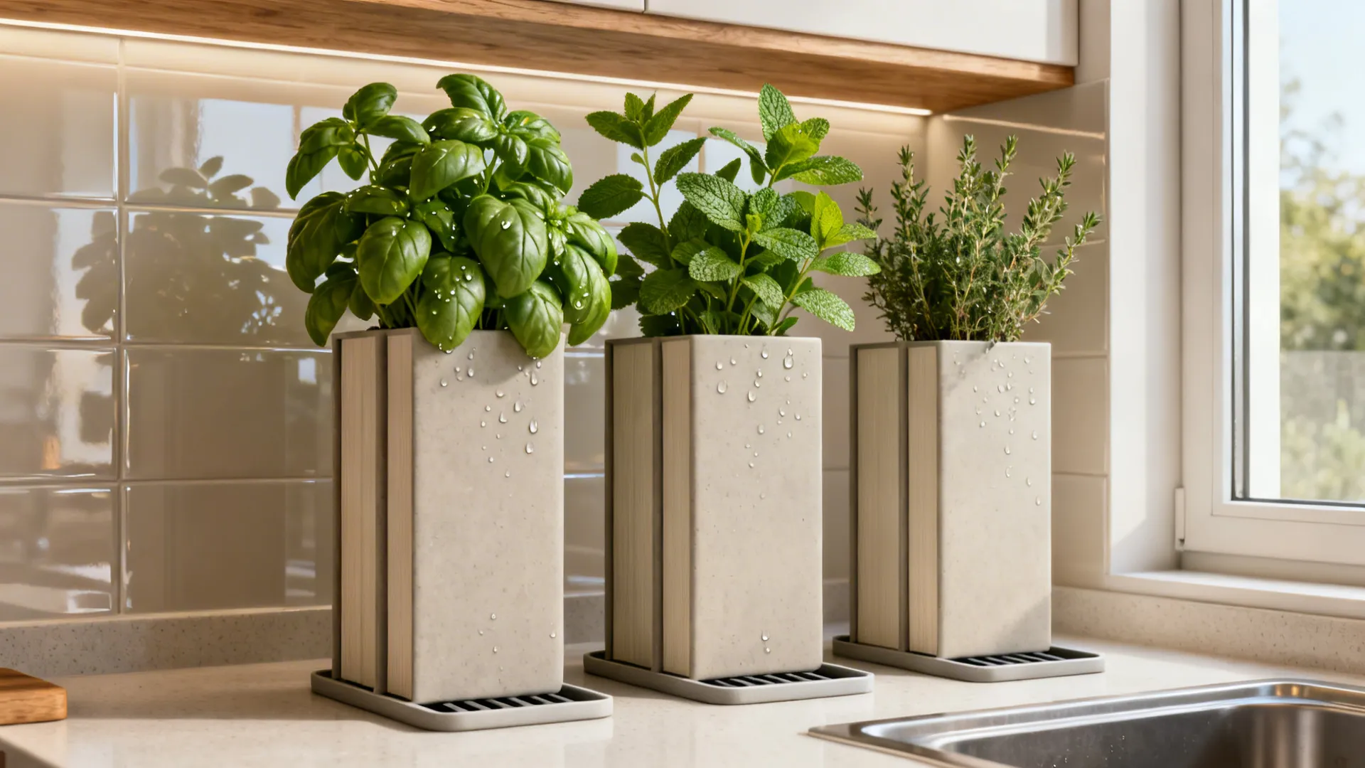 Three slim modular herb planters with drainage trays lined up on a narrow kitchen counter.
