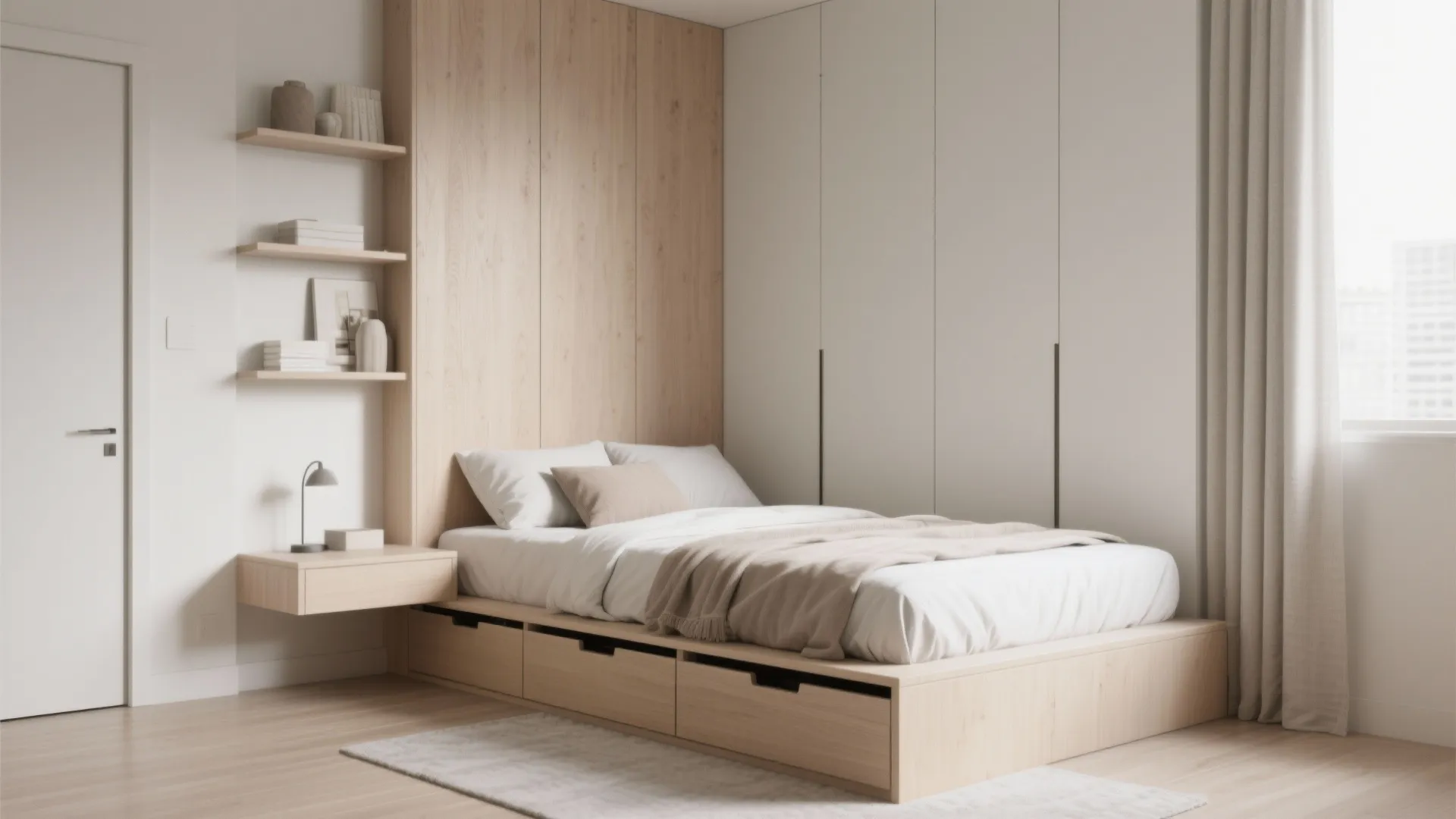 Minimalist wood bed with storage drawers and matching wall panel in a clean white bedroom