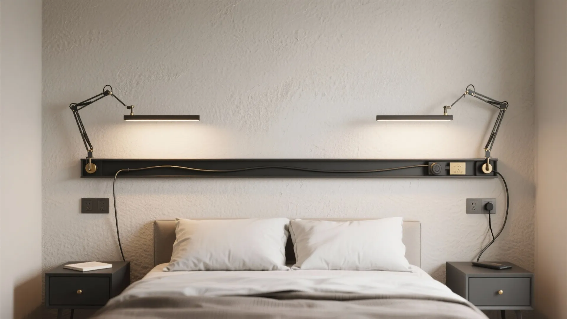 Slim plug-in adjustable wall sconces with tidy cord covers flanking a small bed.