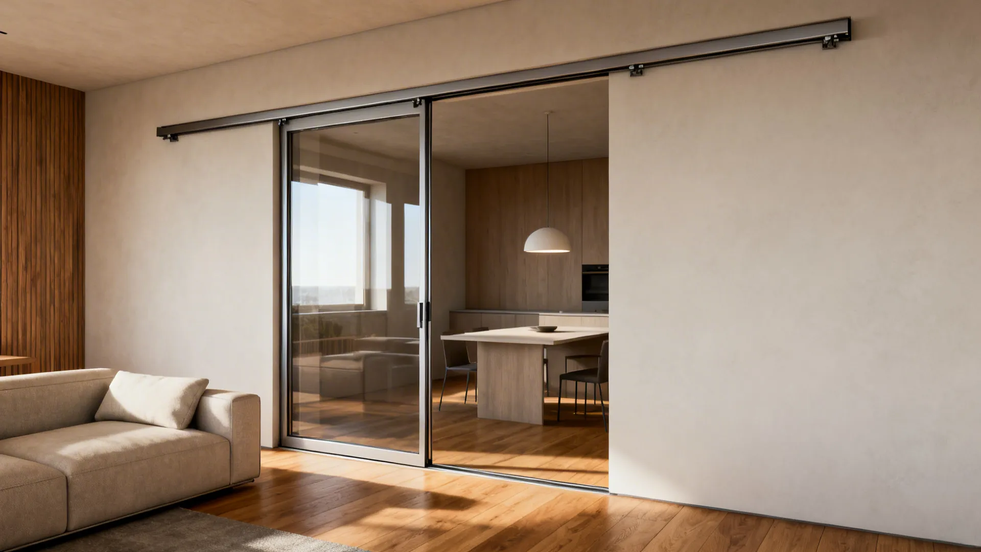 Slim-framed glass pocket doors slide into the wall between a bright living room and a compact dining area.