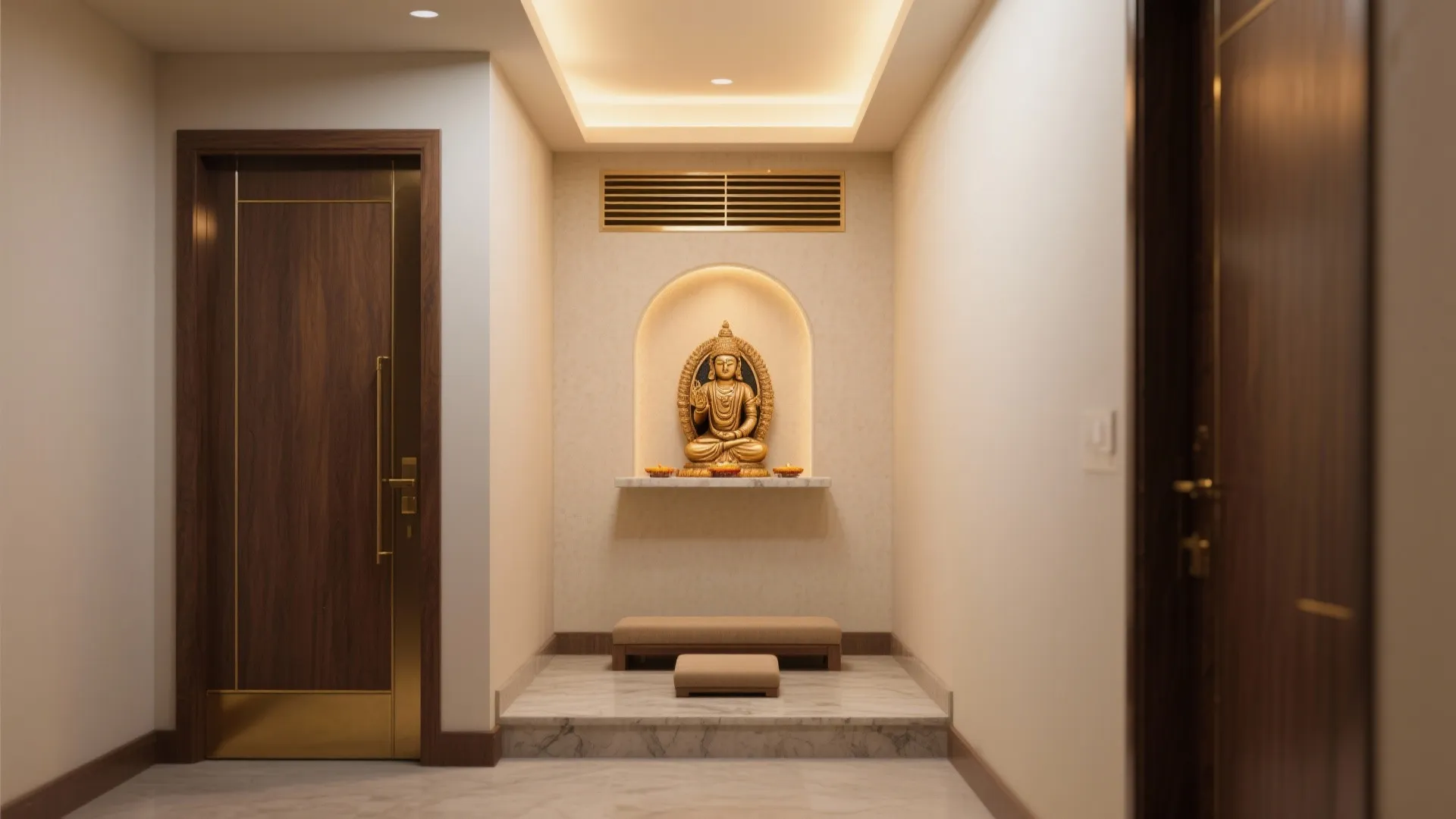 Hallway prayer area with golden buddha statue in wall niche wooden doors and marble floor