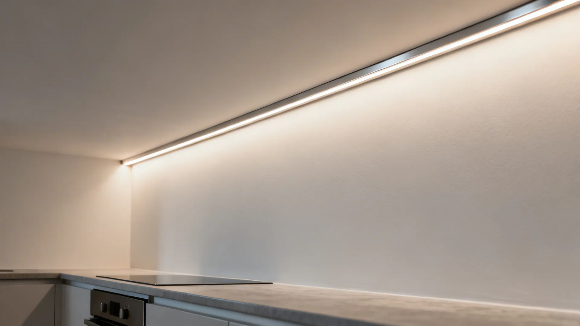 Close-up of slim POP ceiling perimeter with continuous cove LED softly illuminating a small kitchen.