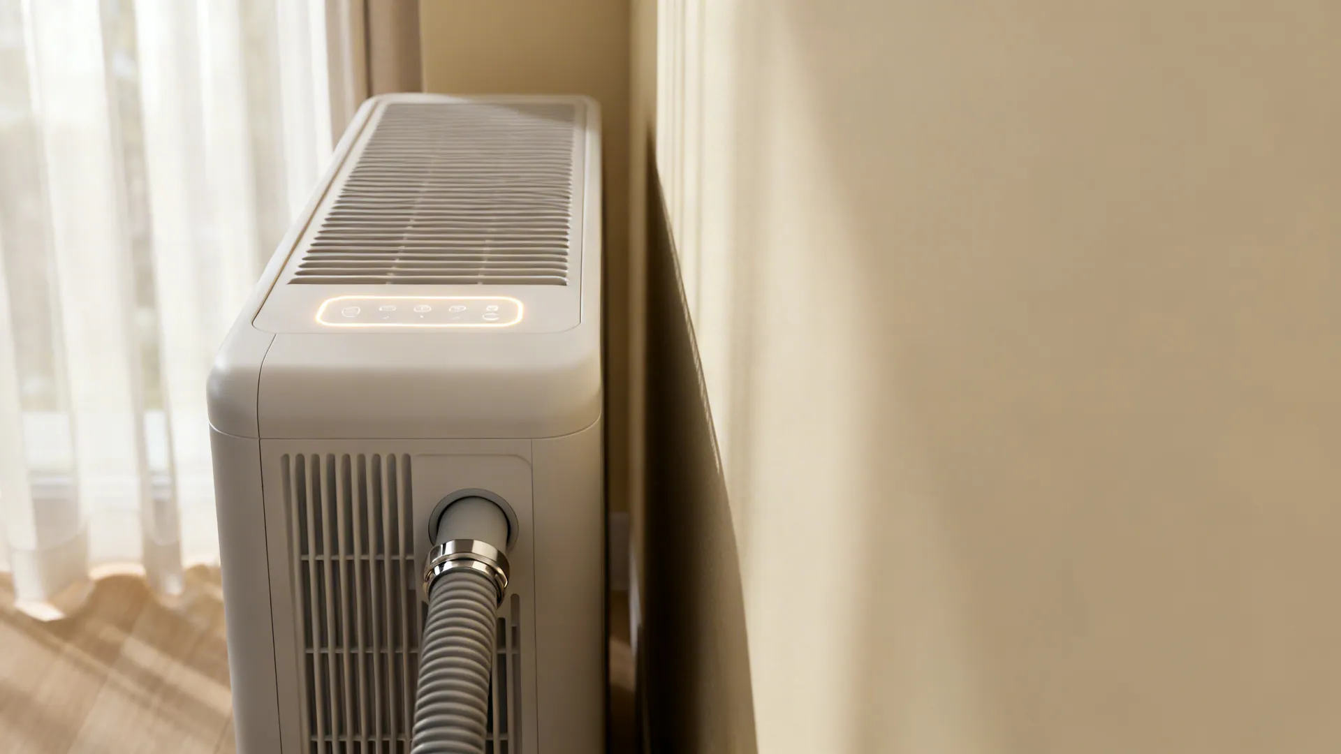 Close-up of a slim portable air conditioner fitted into a narrow alcove