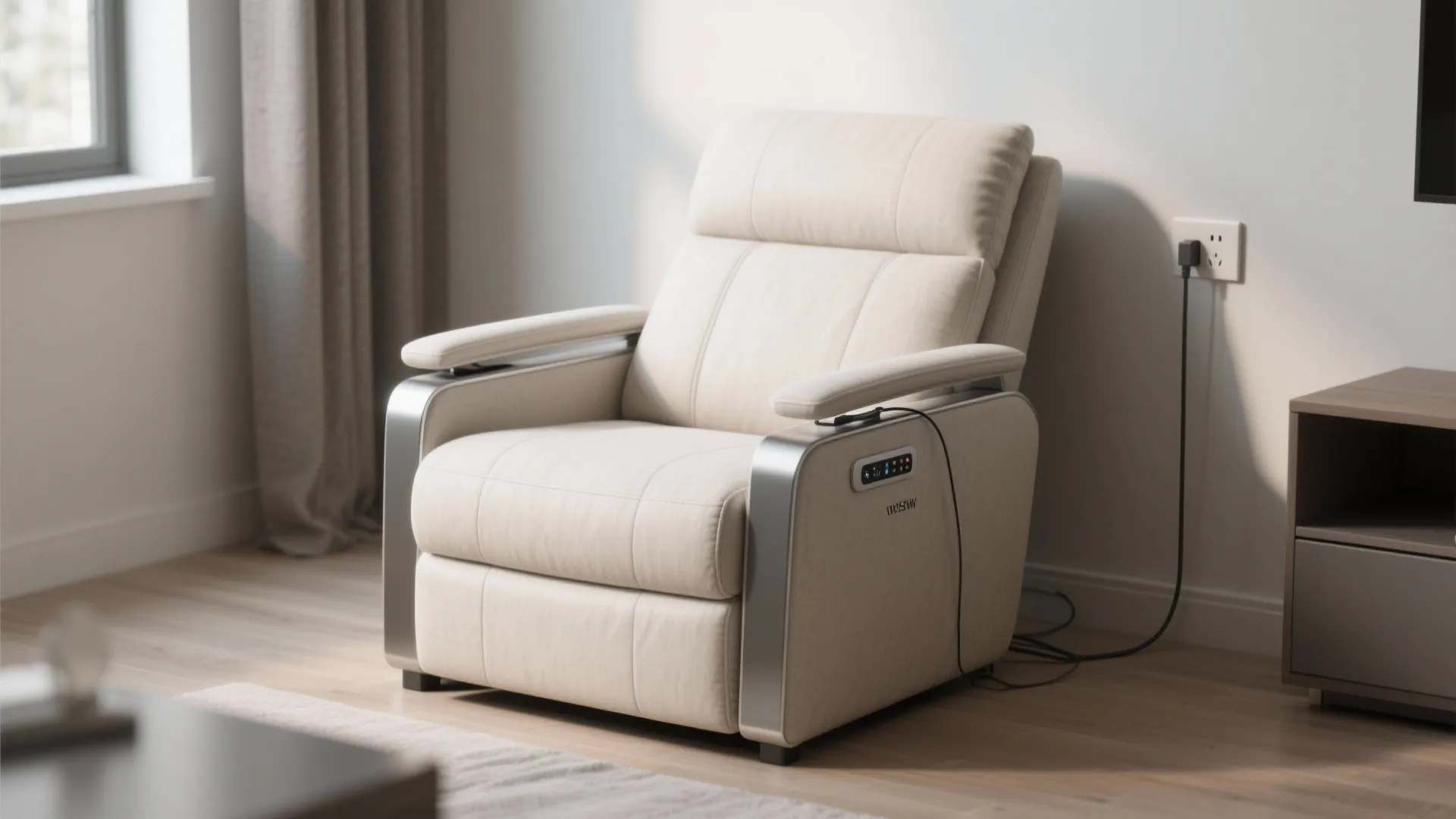 Modern beige electric power sofa with control buttons plugged into a white wall power outlet