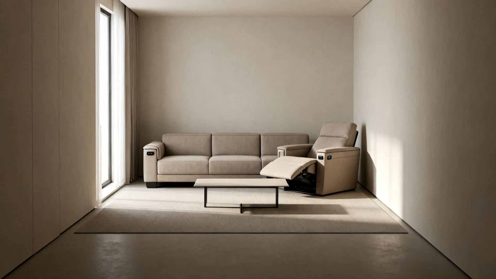 Narrow living room with a slim-profile power recliner sectional and chaise.