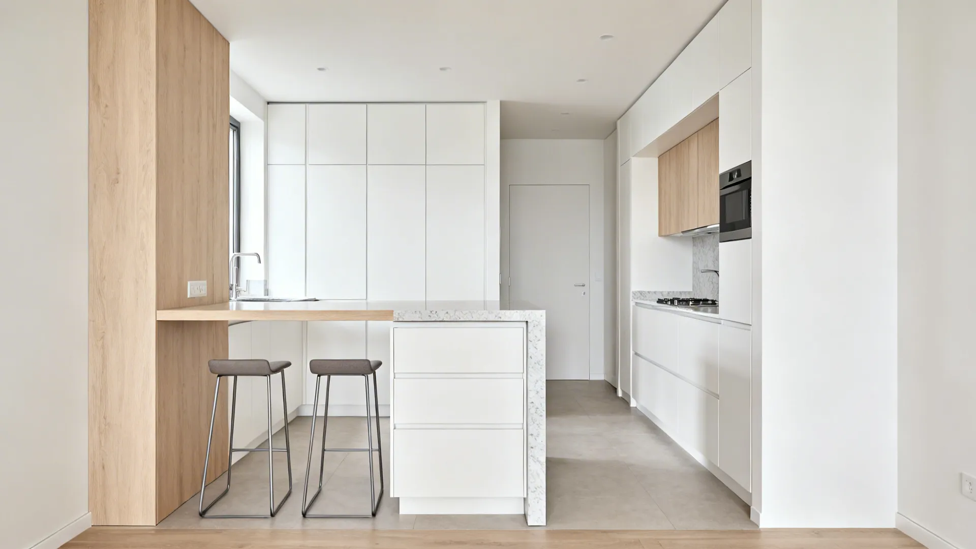 Slim prep island with 10-inch overhang seating in a small L-shaped kitchen.