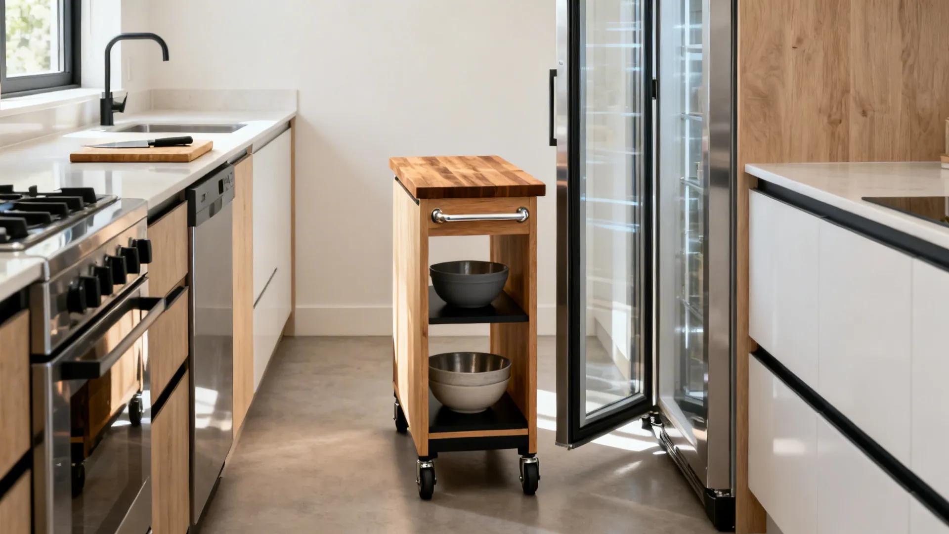Narrow prep trolley with butcher-block top and locking casters in a galley kitchen.