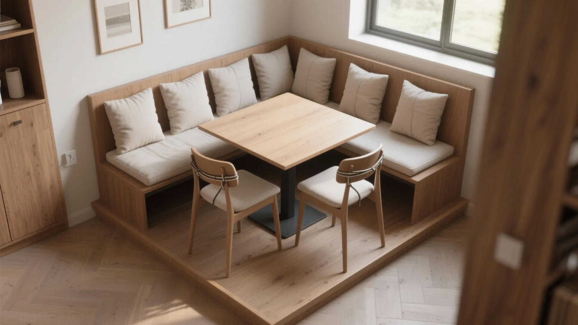 Small dining corner with wooden bench seating cream pillows a square table and two chairs