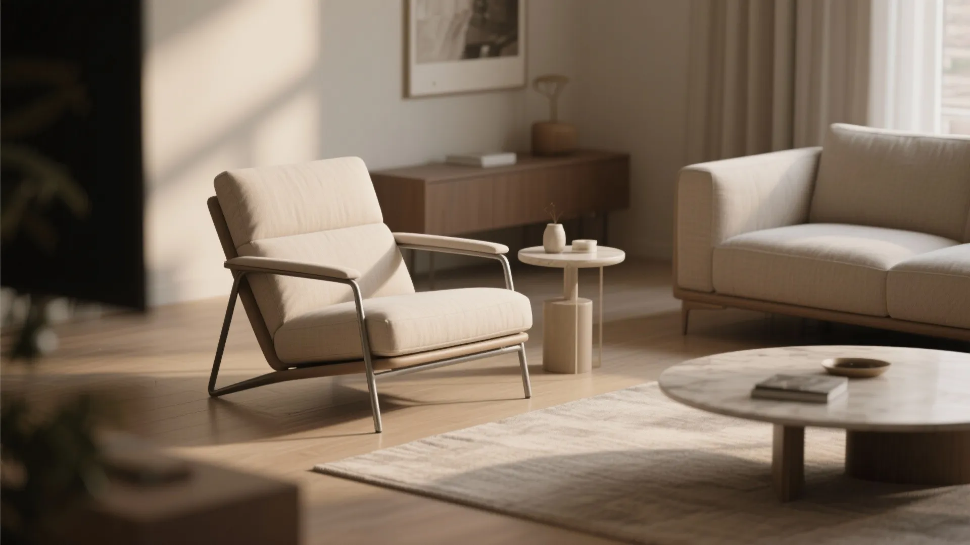 Minimalist living room with a beige armchair, sofa, wooden cabinet, round coffee table, and sunlight