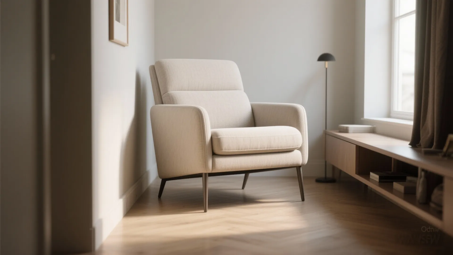 Modern beige armchair on herringbone wood floor next to window with sunlight and floor lamp