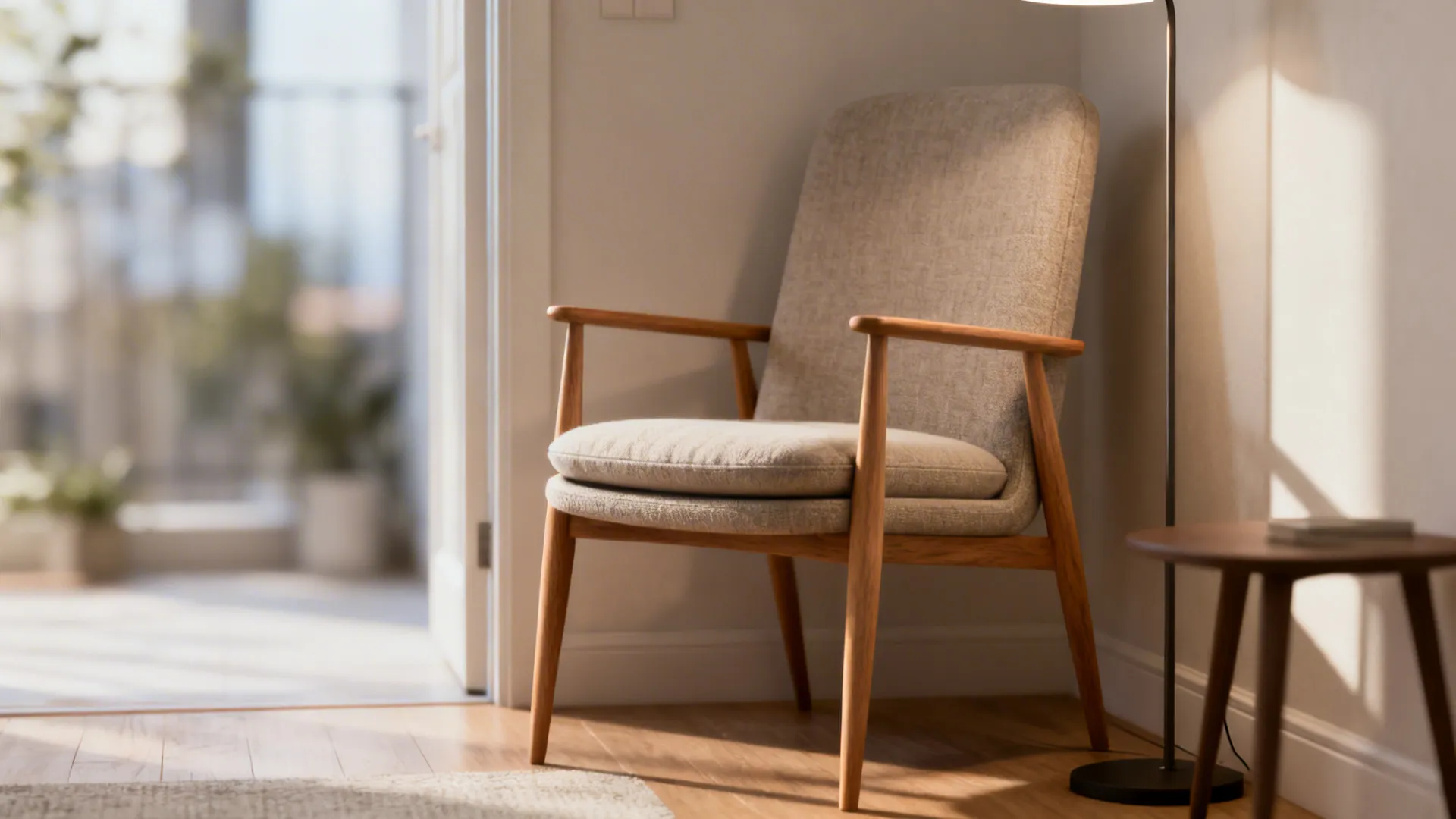 Slim-profile armchair with exposed wood legs next to a floor lamp in a compact corner.