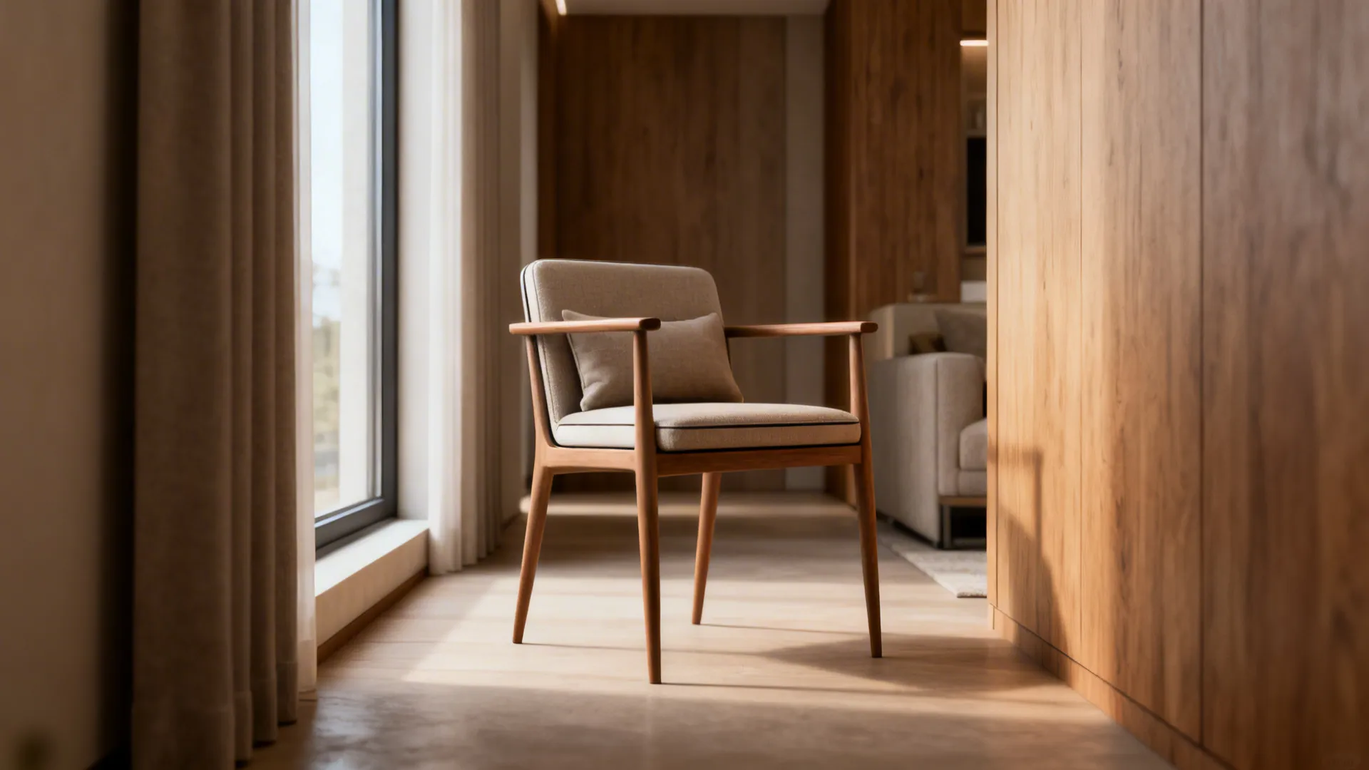 Slim-profile armchair in a narrow living area with open sightlines and a lumbar cushion