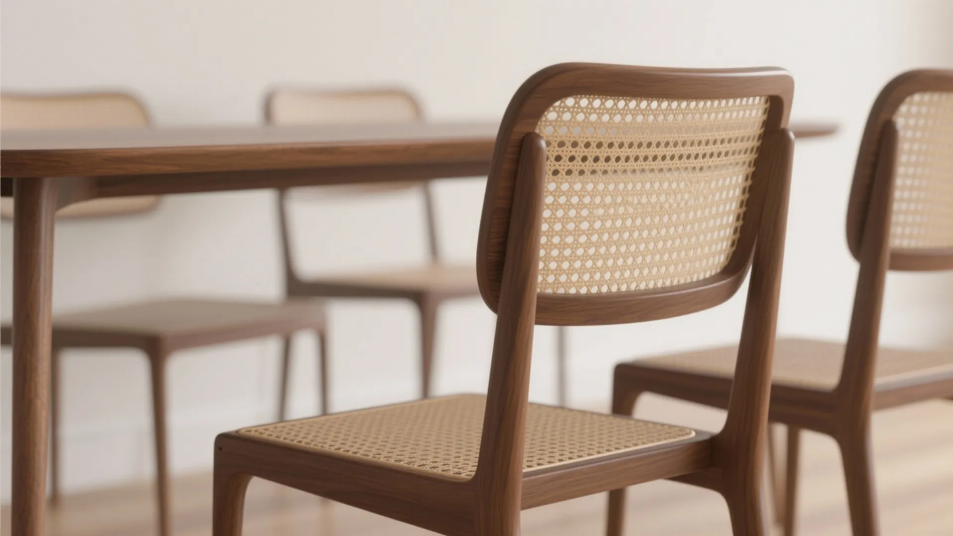 Close up of wooden chairs with woven seats and backs near a simple dining room table