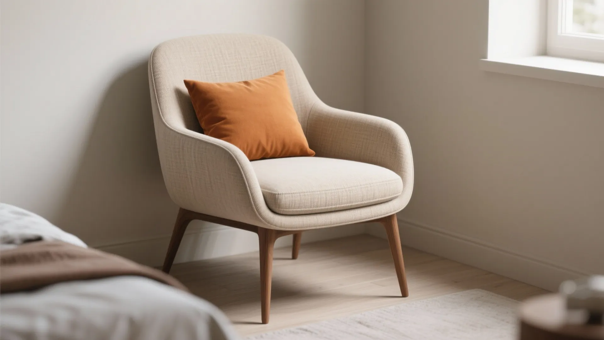 Simple beige chair with an orange pillow in a bright room with light wooden floor