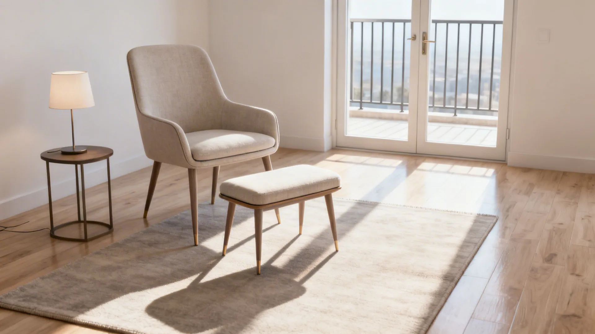 Slim-profile accent chair with a narrow ottoman in a small living room near a balcony door.