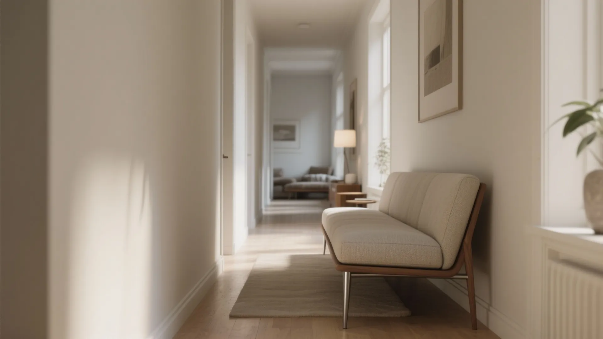 Narrow hallway featuring light grey sofa small rug wall art and warm natural light window