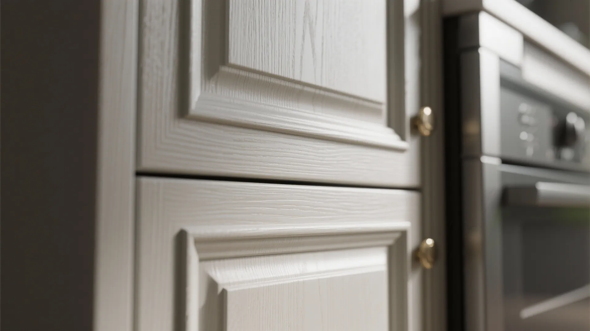 Close up of white cabinet doors with gold knobs wood grain texture and simple kitchen detail