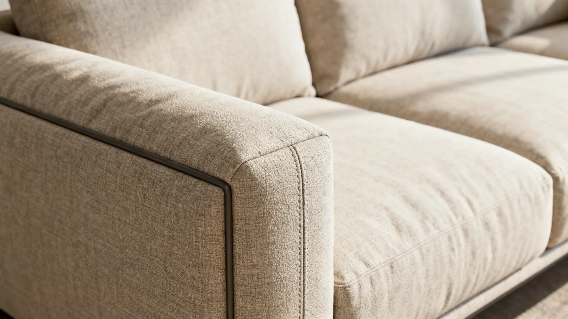 Close-up of slim-profile modular sectional with plump cushions and textured upholstery