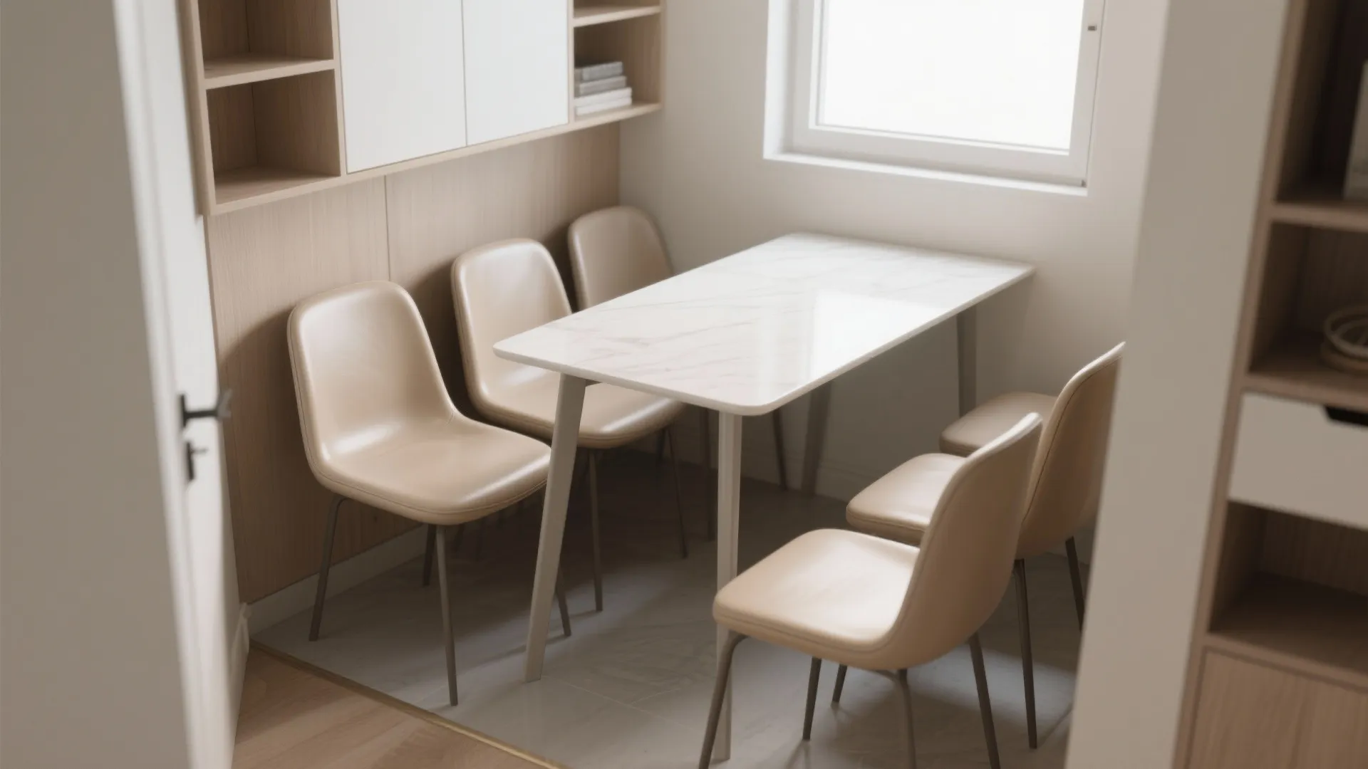 Modern small dining area with white marble table beige leather chairs and light wood wall shelves