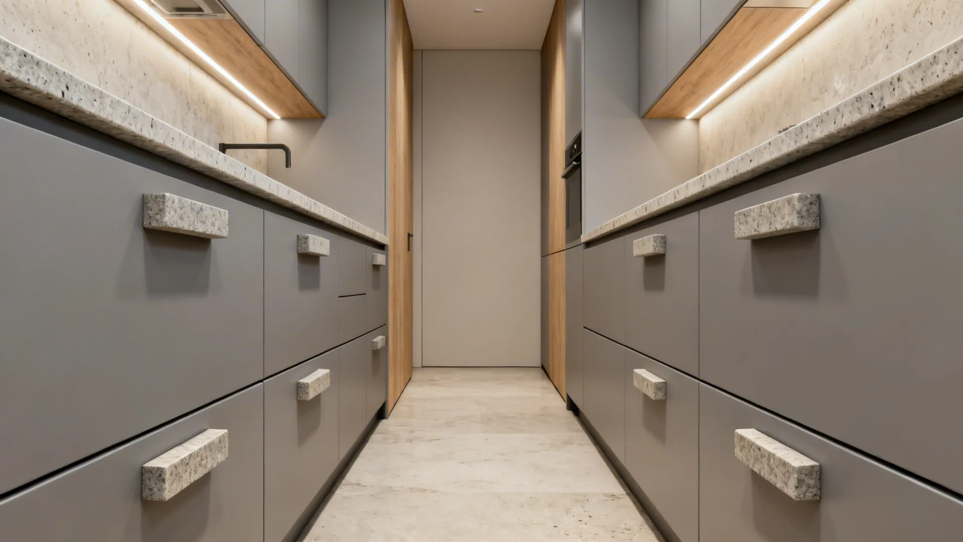 Minimalist kitchen with slim drawers and integrated stone pulls under warm lighting.