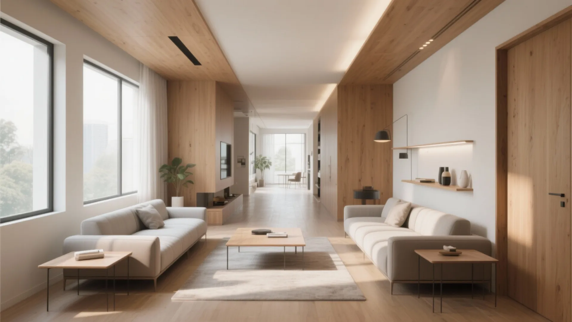 Spacious interior design with light wood wall panel two white sofas and simple wooden coffee table
