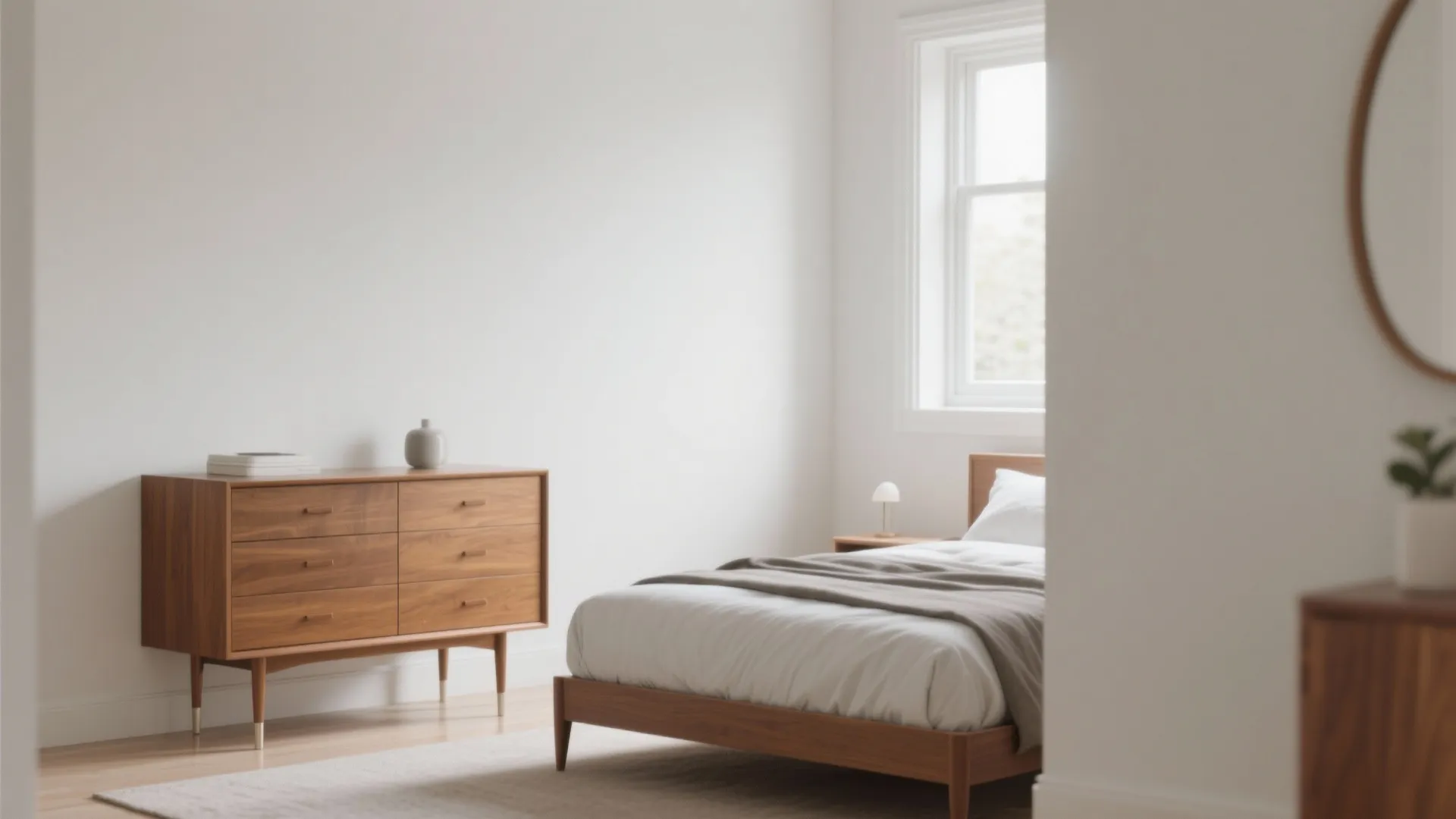 Minimalist bedroom featuring a wood bed frame matching cabinet white walls and a large window view