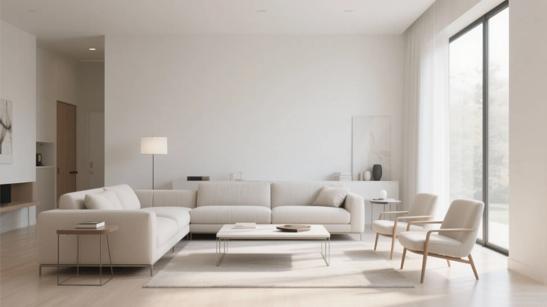 Minimalist white living room with large sofa white coffee table two chairs and floor lamp