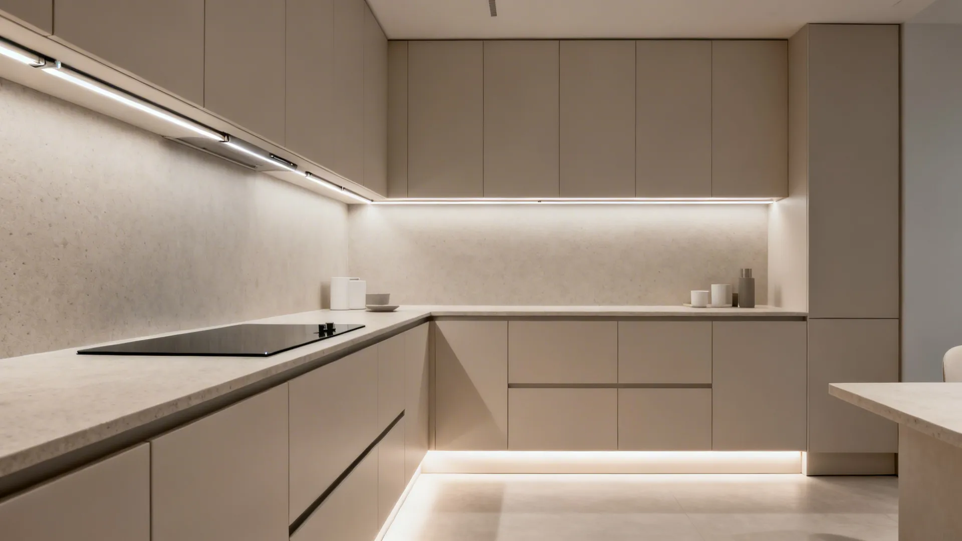 Modern L-shaped kitchen with thin quartz counters, finger-pull rails, and discreet LED lighting.