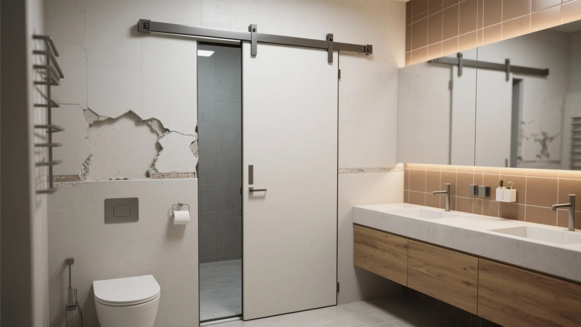 Modern bathroom with white sliding door wood cabinet white sink toilet and damaged grey wall