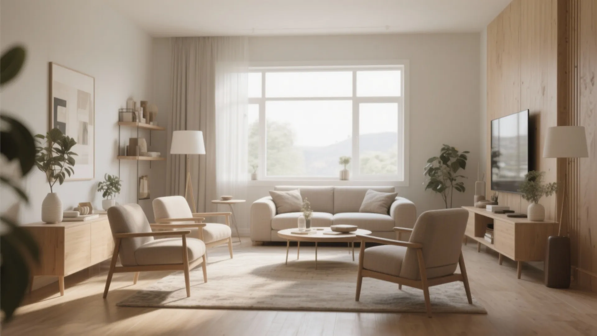 Bright living room featuring beige sofa and chairs with wooden legs around a round table
