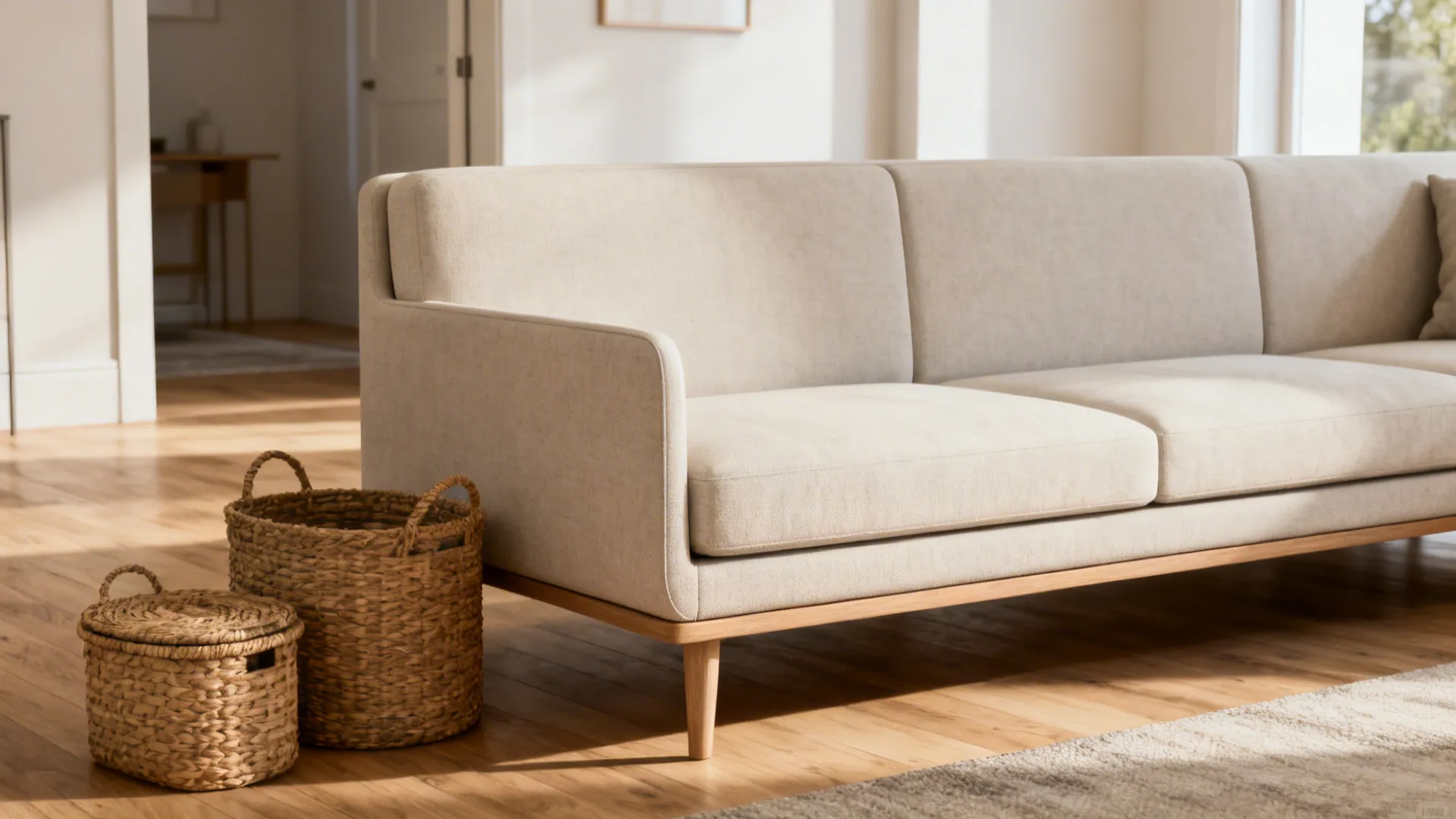 Slim low-back sectional in a small living room with open sightlines and woven storage baskets.