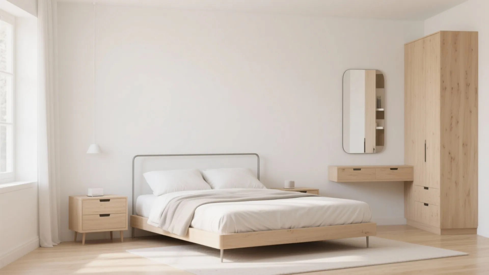 1. Slim-profile bed, floating nightstands, dresser, and mirror
