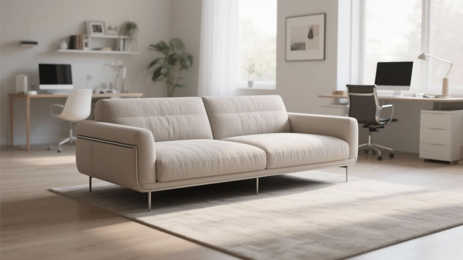 Slim-profile sleeper sofa in airy home office