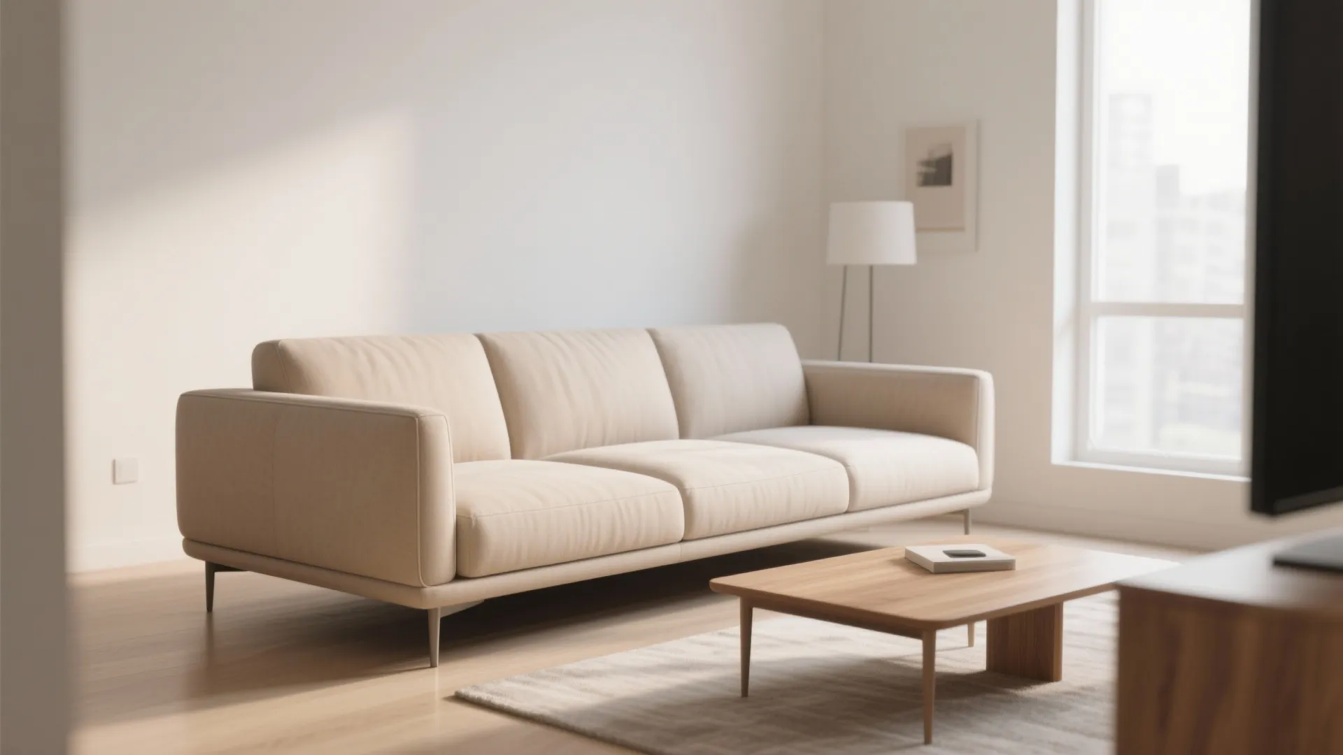 Modern cream sofa in bright living room with wooden coffee table and white floor lamp