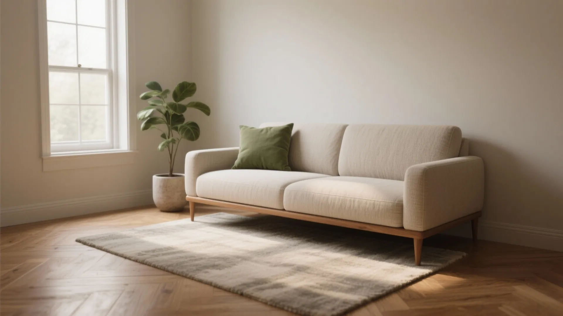 Modern cream sofa with green pillow sitting on grey rug near window and potted plant