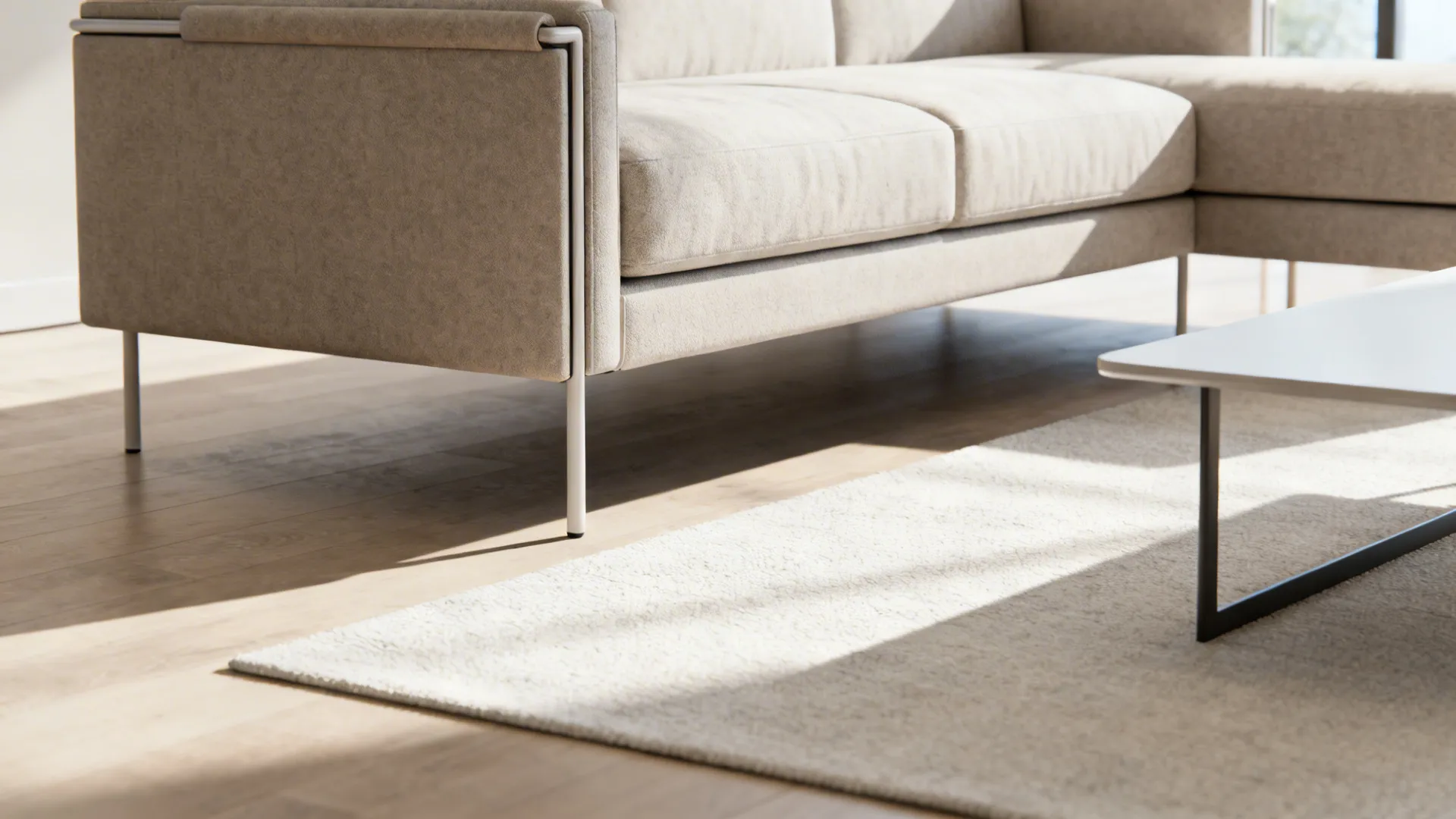 Slim-profile L-shaped sofa with slender legs and a narrow coffee table that preserves visual breathing room.
