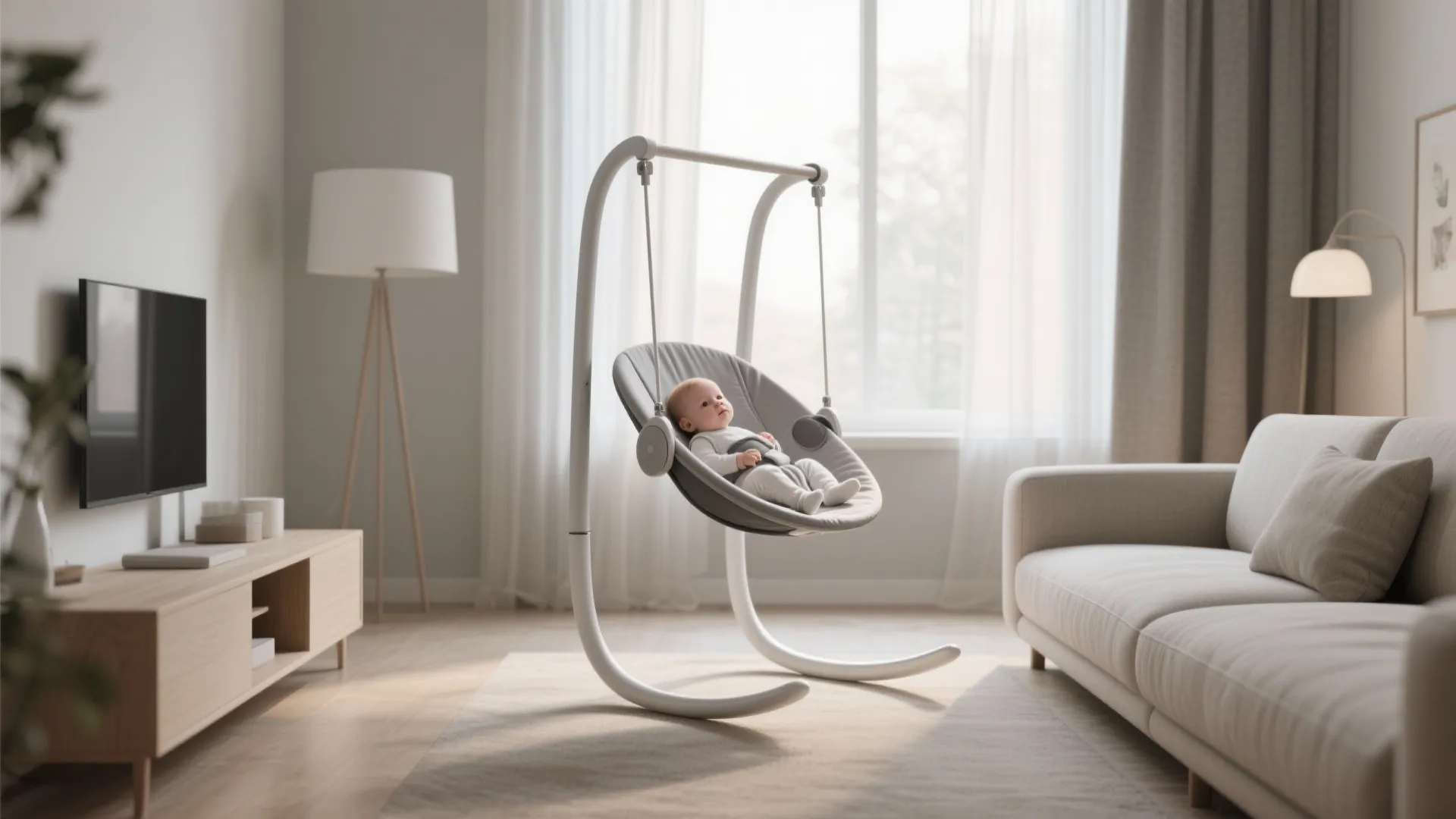 Slim profile baby swing making a room feel spacious