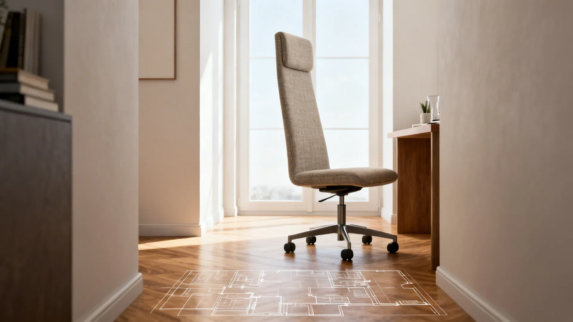 Narrow living area with a slim-profile high back swivel chair and a small 3D floor planner on the side table.