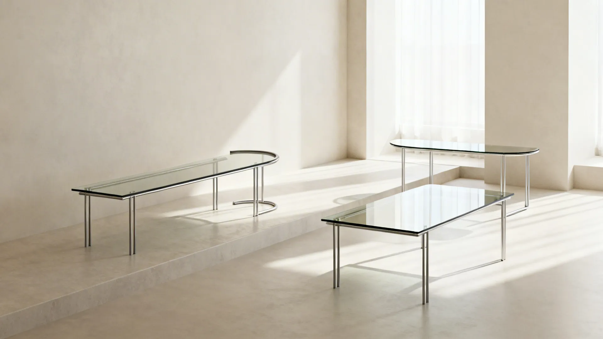 Studio living area with slim-profile tables including narrow and half-moon designs that preserve circulation.