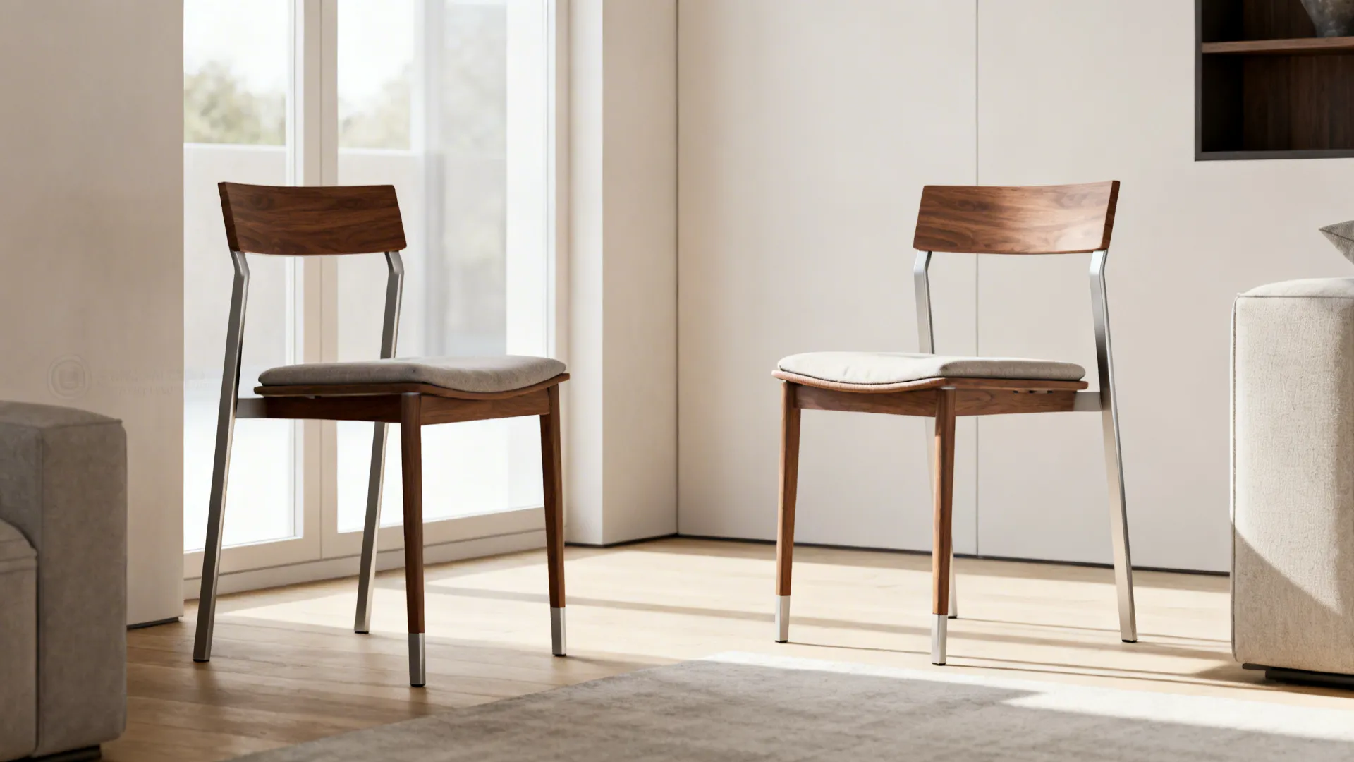 Two wooden chairs with grey cushions and metal legs in a bright minimalist dining room