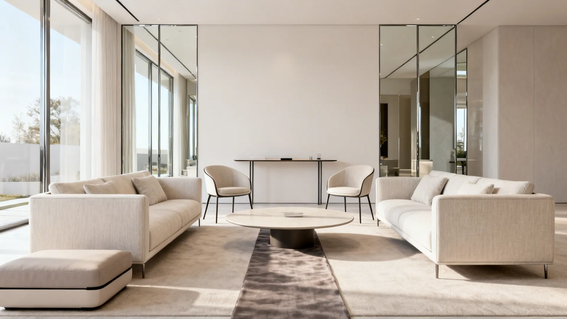 Tight room with mirrored slim sofas and slender chairs, a round coffee table and a guiding runner.