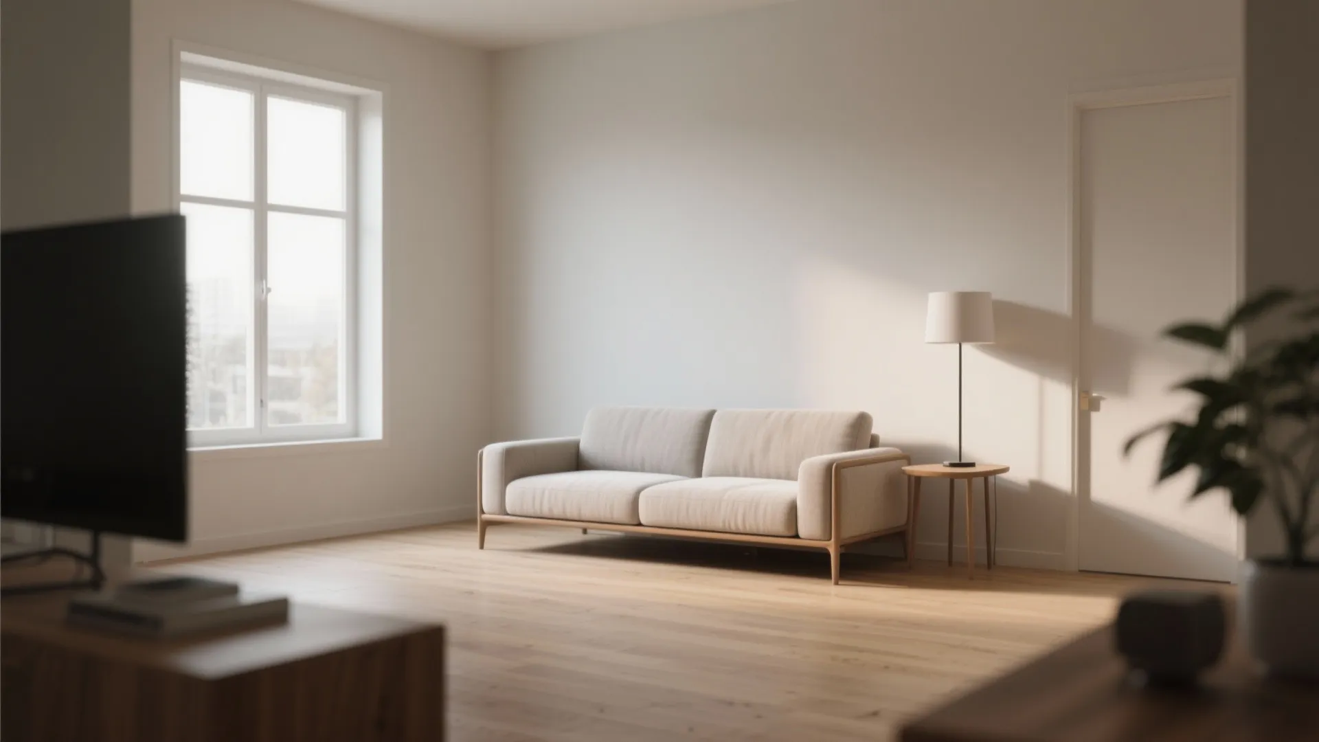 Minimalist living room with light grey sofa small side table lamp wood floor and window