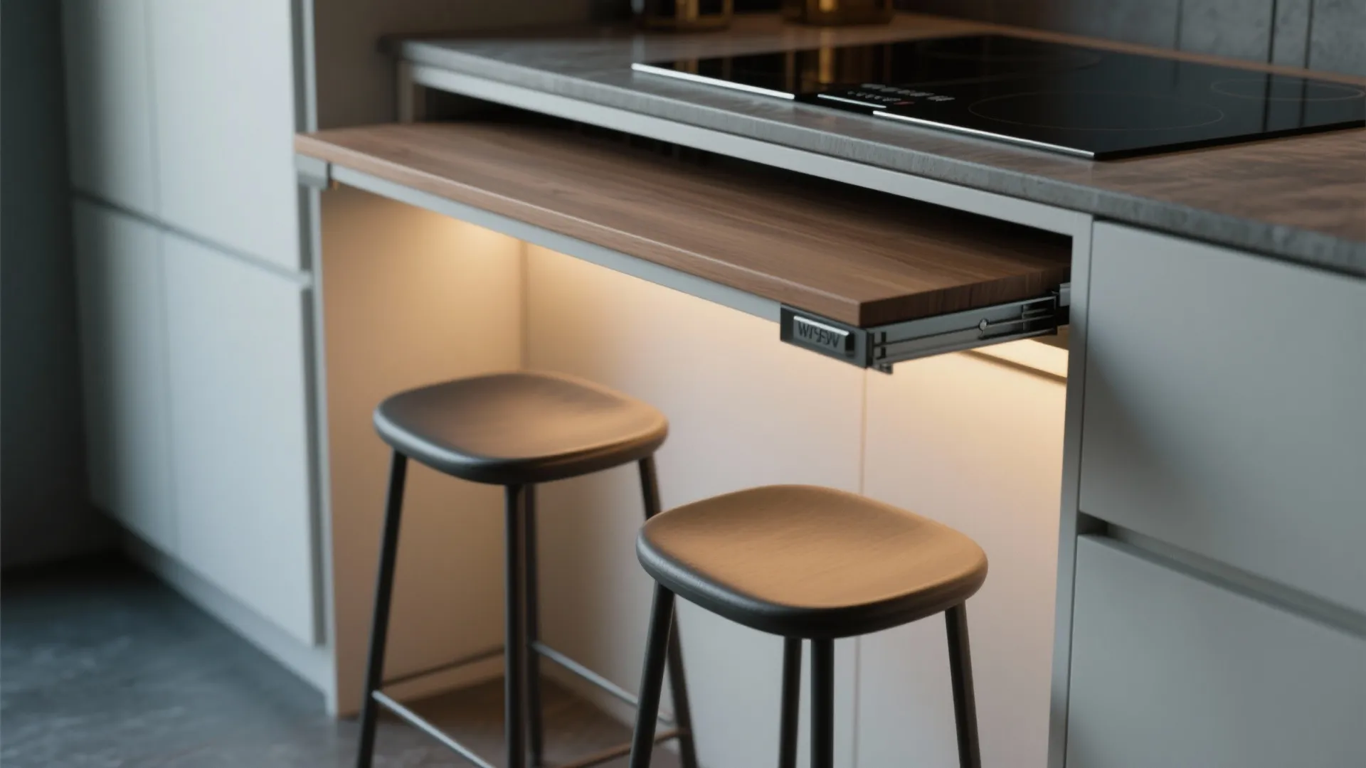 Modern kitchen with pull out wooden breakfast bar two black stools under warm led lighting