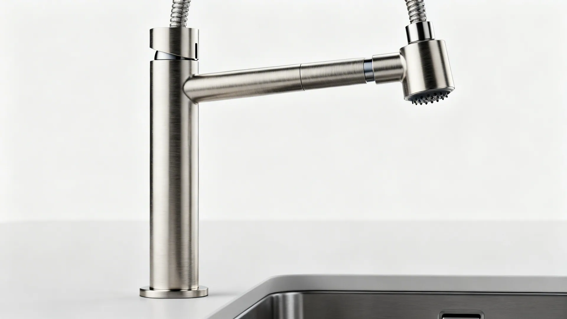 Slim-profile pull-down faucet in brushed nickel extended over a sink, showing compact base and nozzle.