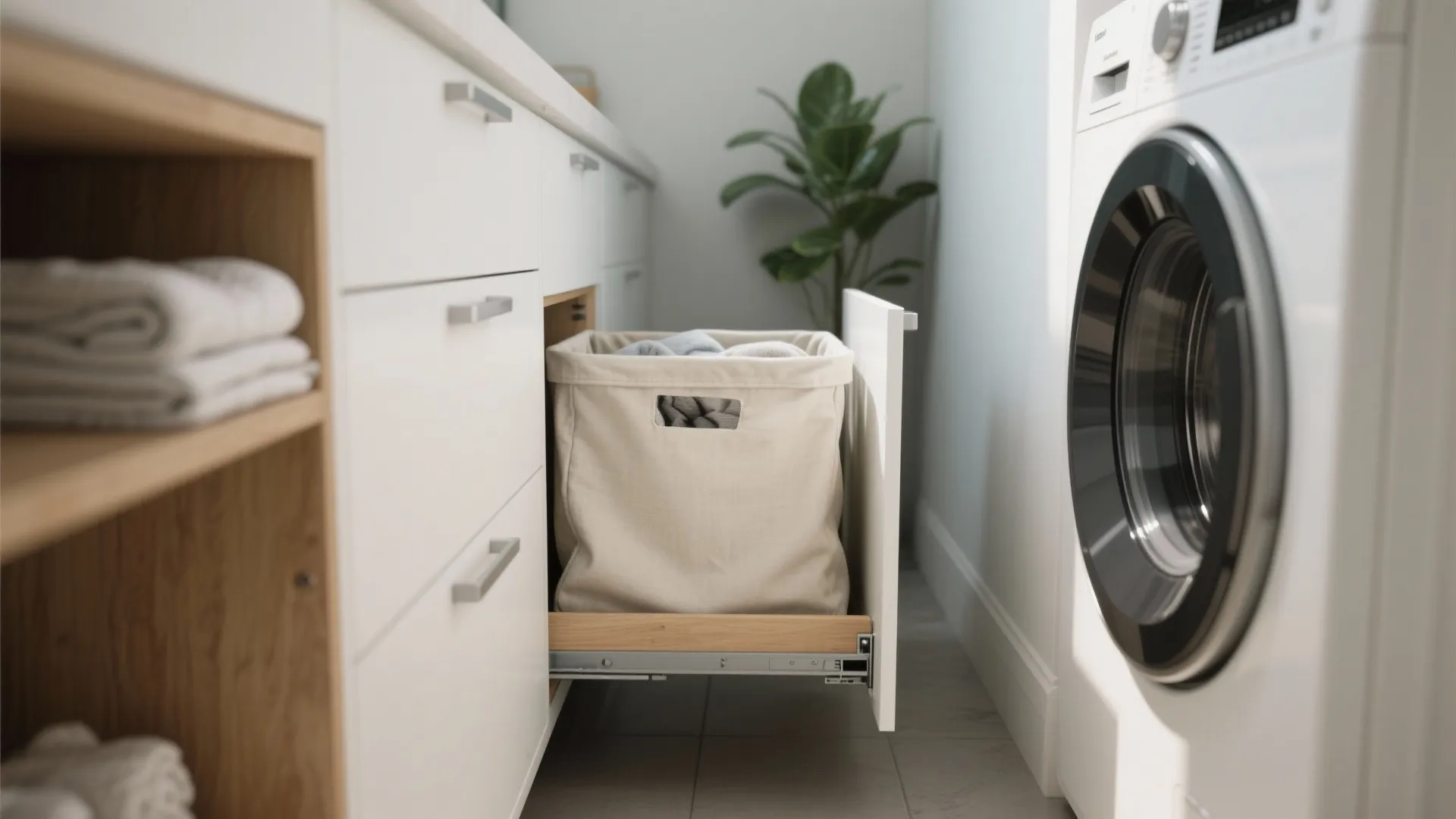 Laundry room with white washing machine and a pull out drawer containing a fabric basket