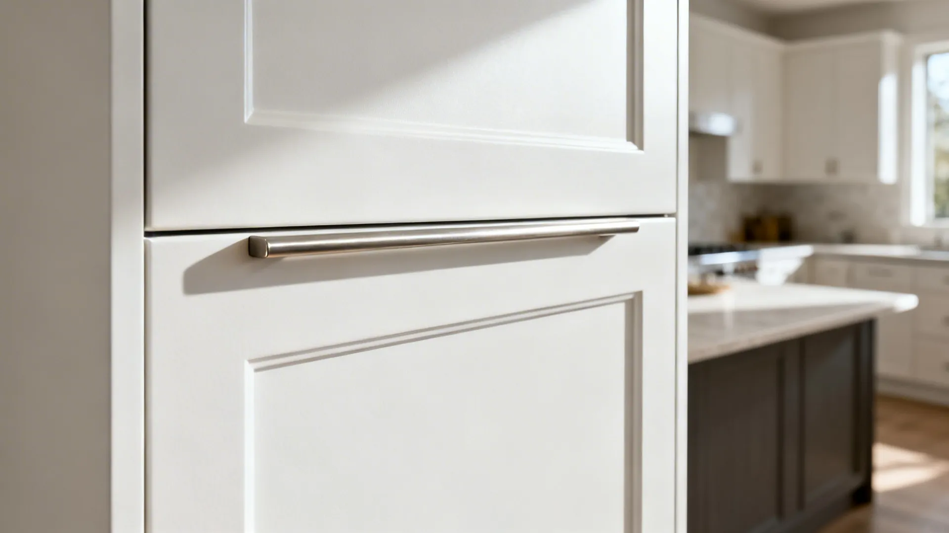 Macro view of a flat-front cabinet with a slim brushed metal pull in soft daylight.