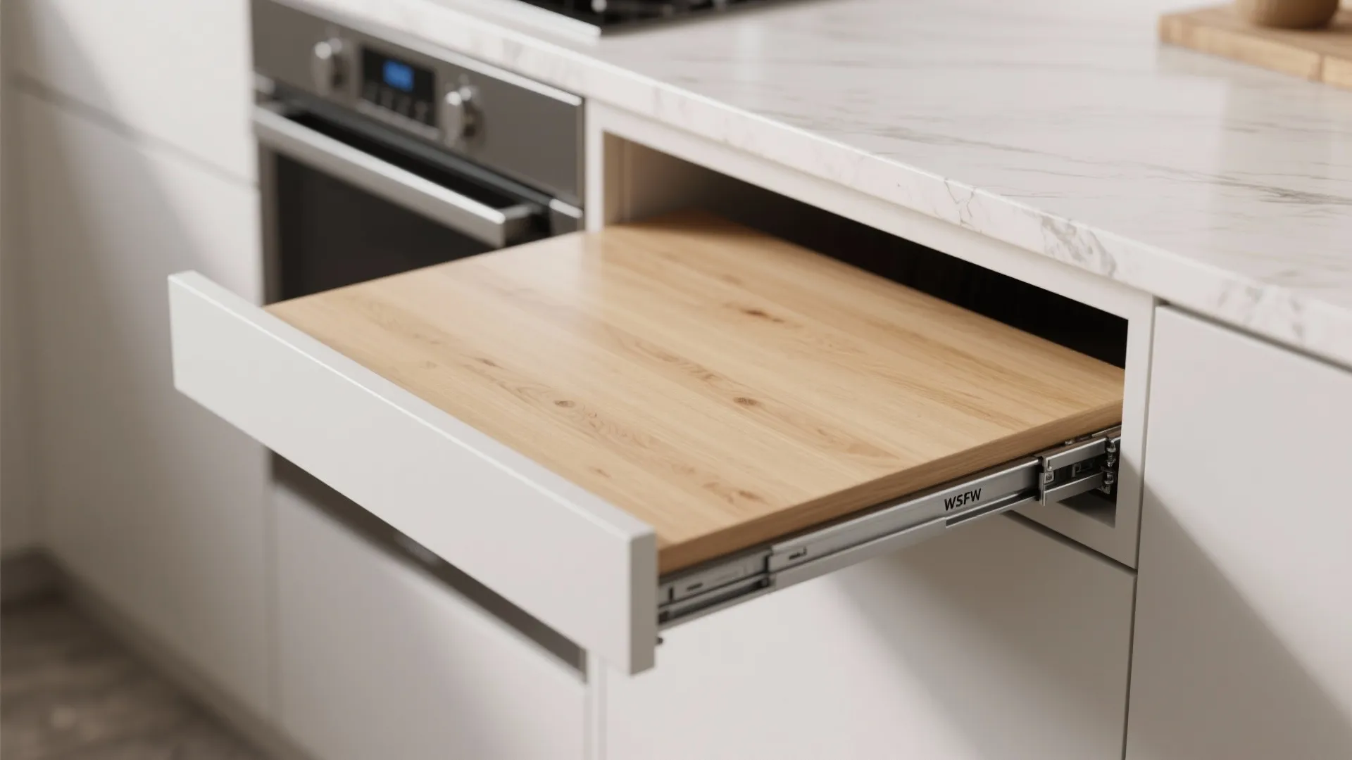 Close-up of pull-out desk hidden under kitchen countertop