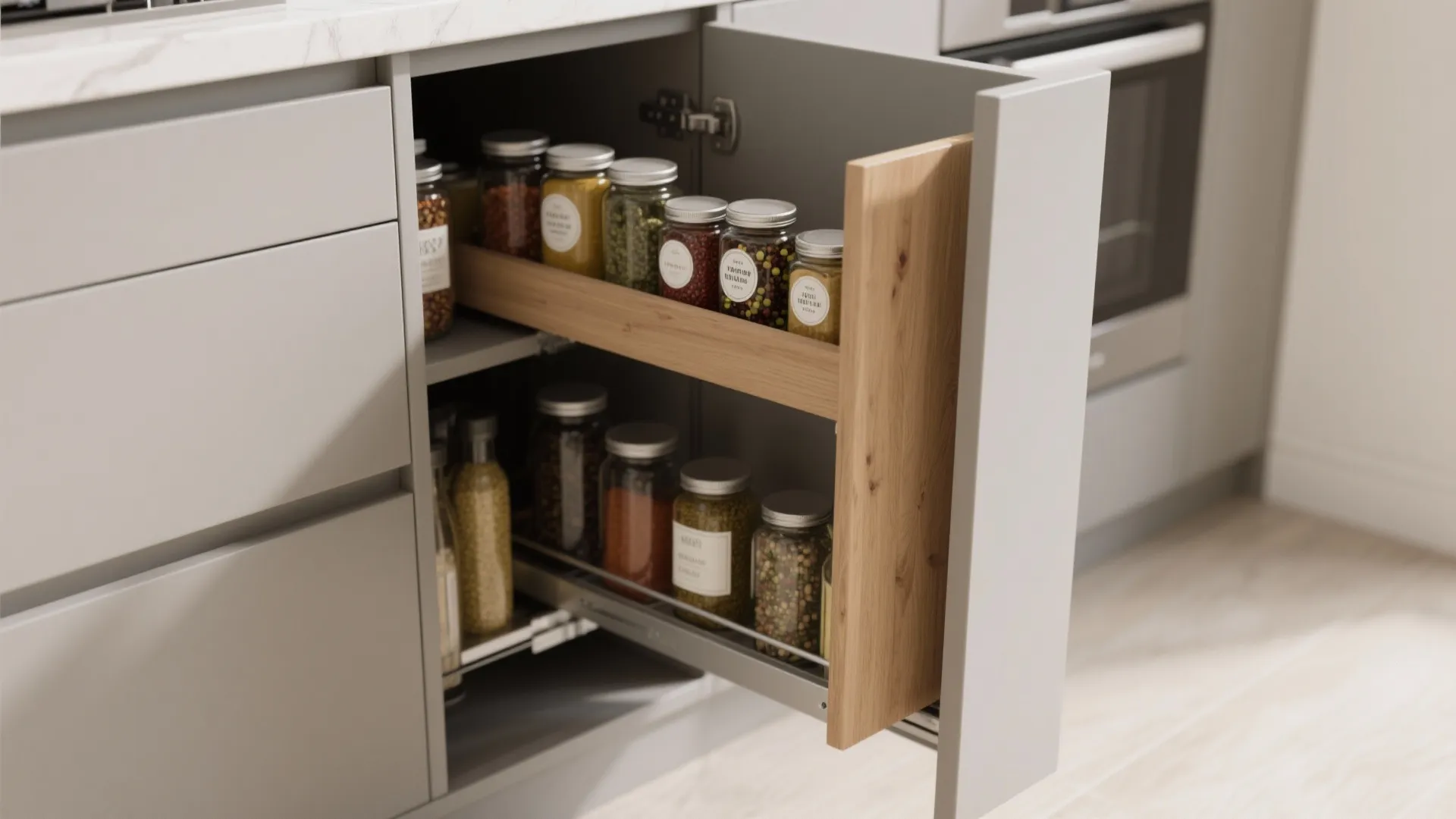 Slim pull-out pantry storing spices and jars in a narrow gap