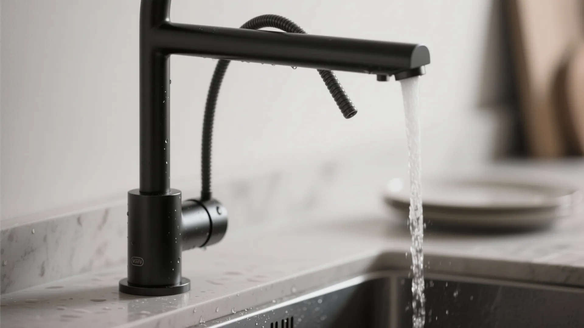 Black kitchen water tap with pull down hose and running water over stainless steel sink