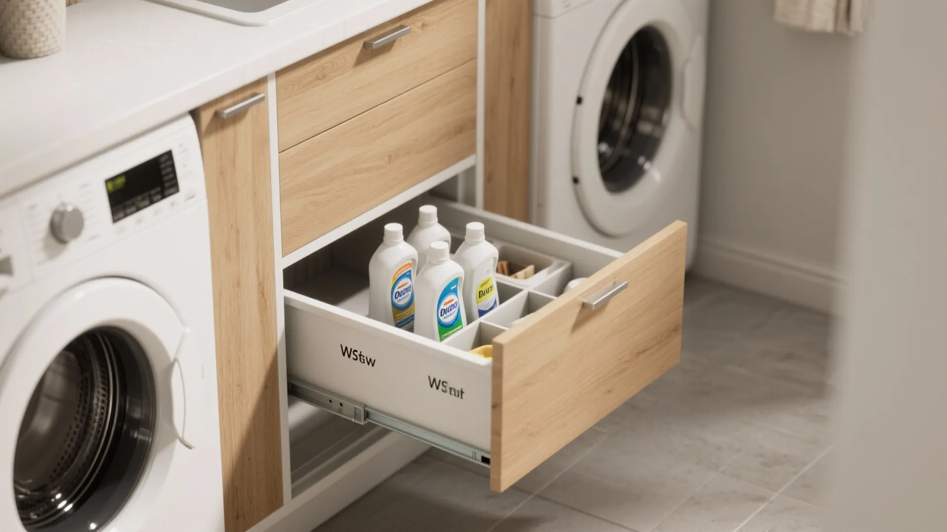 Wooden cabinet with an open drawer storing cleaning bottles next to a white washing machine